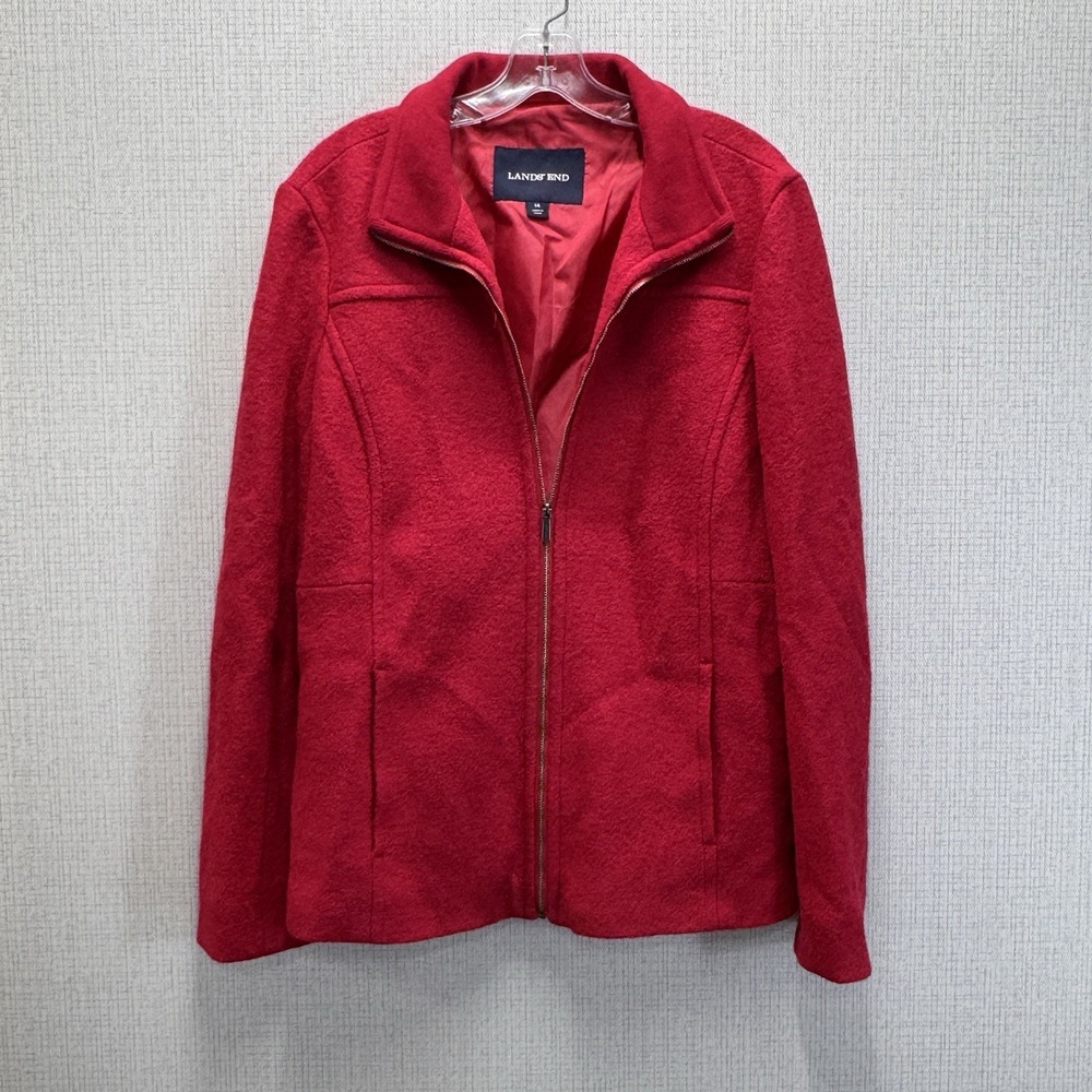 Lands' End Wool Blend Jacket Womens 14 Red Zip Up Classic Preppy Minimalist